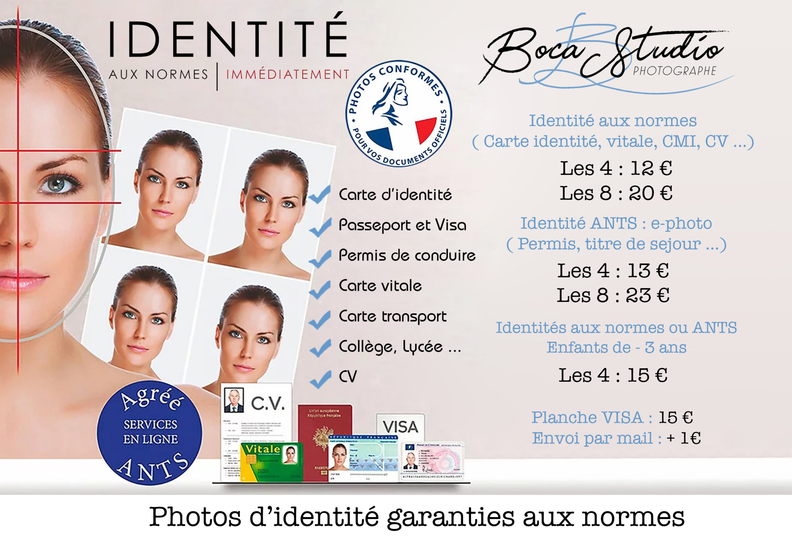 Tableau des tarifs des photos d’identité aux normes proposé au studio photo