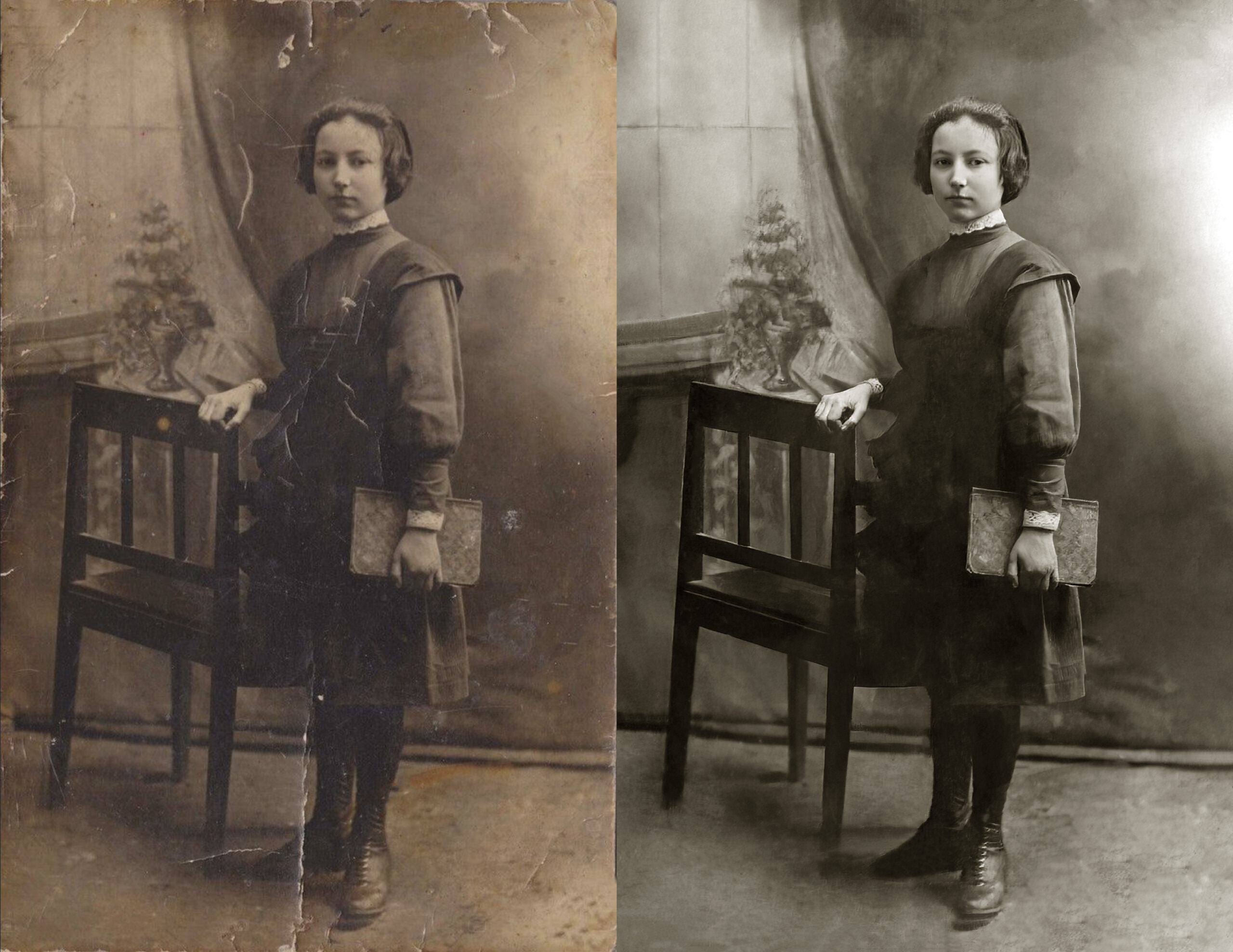 Comparatif avant/après de la restauration d’une vieille photo abîmée